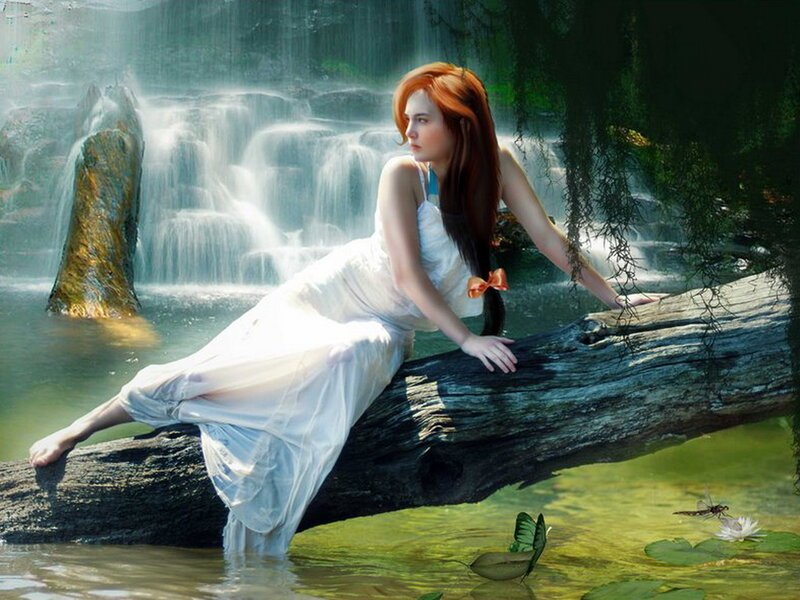 Woman with Red Hair — White, Serene, Afternoon, Digital Art, Waterfall