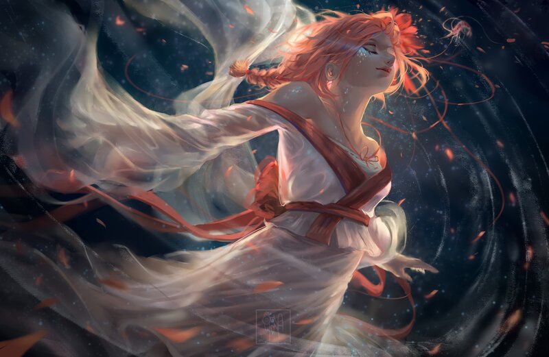 Woman with Red Hair — White, Serene, Night, Digital Art
