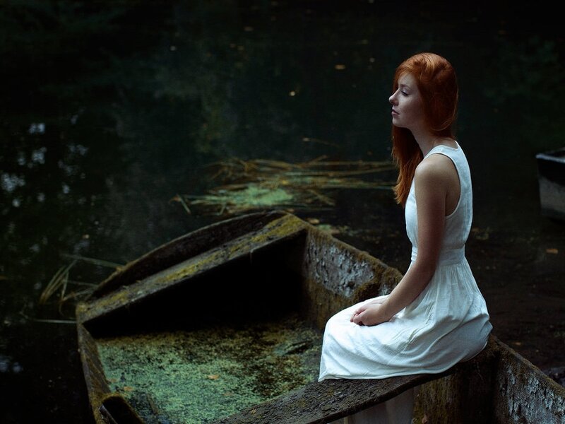 Woman with Red Hair — White, Serene, Night, Photograph