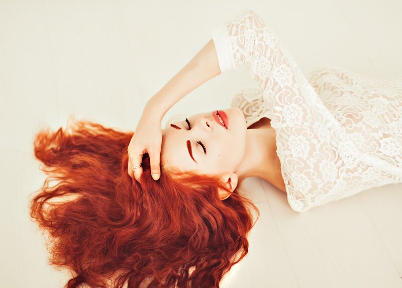 Woman with Red Hair — White, Serene, Photograph, Lace Dress