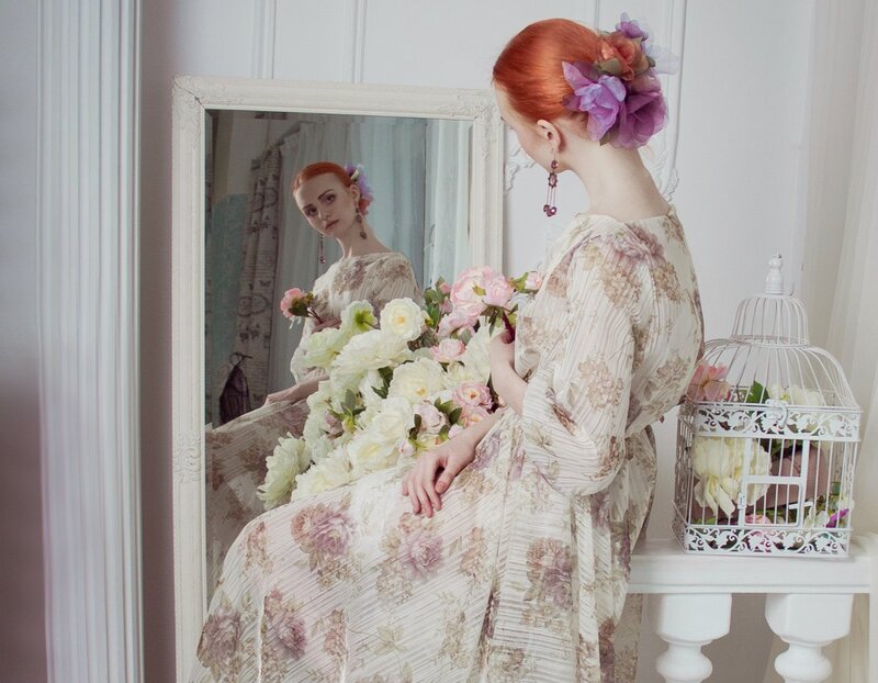 Woman with Red Hair — White, Serene, Photograph, Mirror