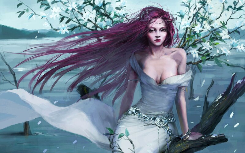 Woman with Red Hair — White, Serene, Spring, Digital Art, Flowering Branches