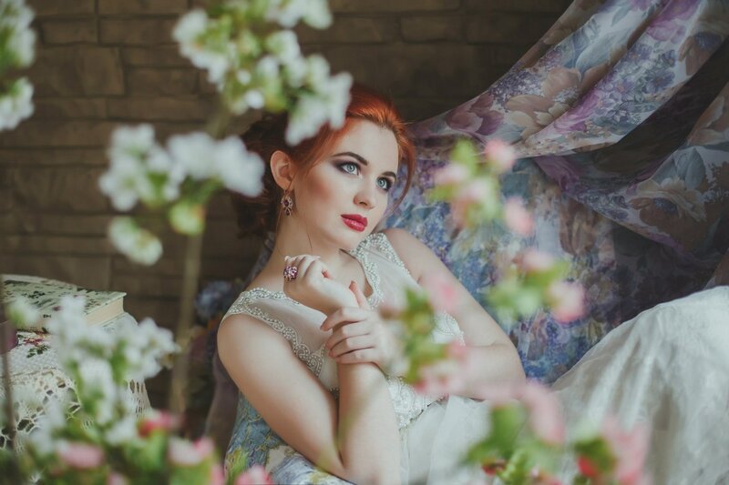 Woman with Red Hair — White, Serene, Spring, Photograph, Flowers