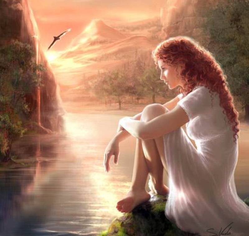 Woman with Red Hair — White, Serene, Sunset, Digital Art, River