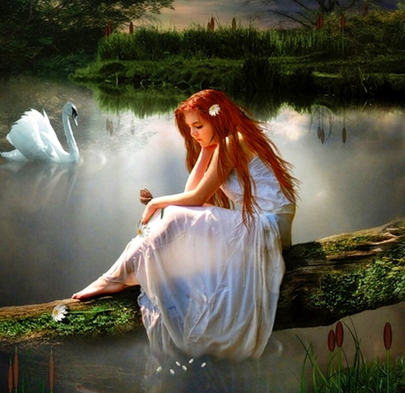 Woman with Red Hair — White, Serene, Sunset, Digital Art