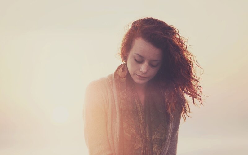 Woman with Red Hair — White, Serene, Sunset, Photograph, Scarf