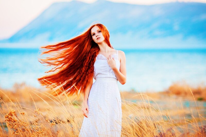 Woman with Red Hair — White, Serene, Sunset, Photograph