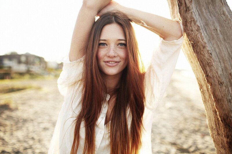 Woman with Red Hair — White, Serene, Sunset, Photograph, Tree