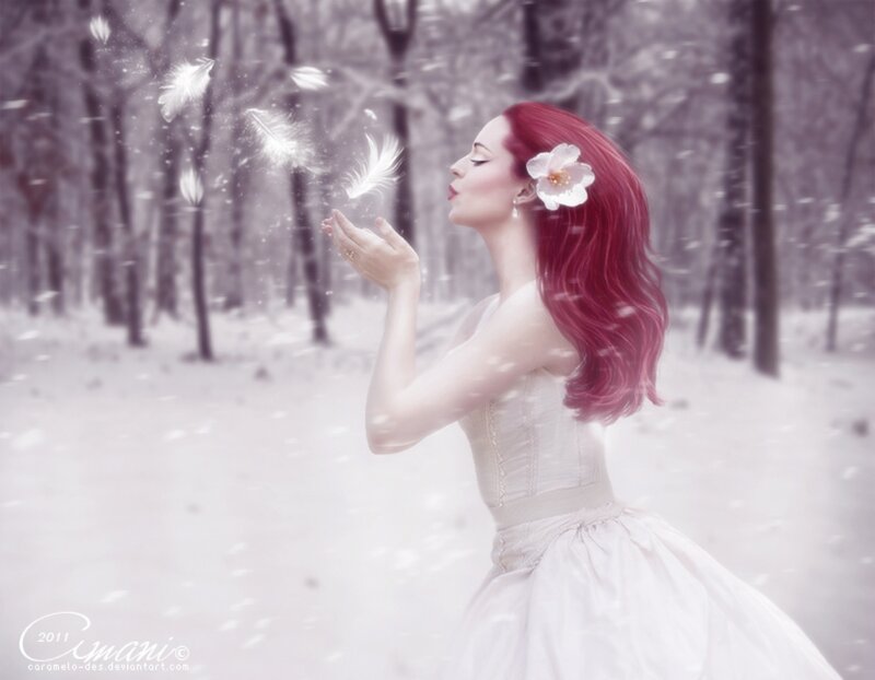 Woman with Red Hair — White, Serene, Winter, Digital Art