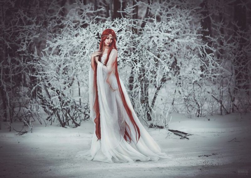 Woman with Red Hair — White, Serene, Winter, Photograph