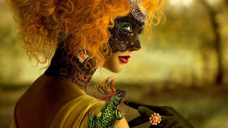 Woman with Red Hair — Yellow, Dramatic, Digital Art, Lizard