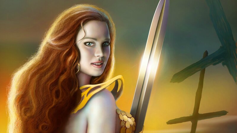 Woman with Red Hair — Yellow, Dramatic, Sunset, Digital Art, Sword