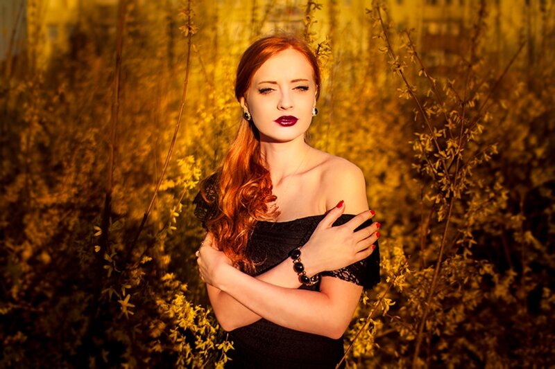 Woman with Red Hair — Yellow, Dramatic, Sunset, Photograph