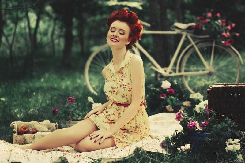 Woman with Red Hair — Yellow, Serene, Afternoon, Photograph, Bicycle