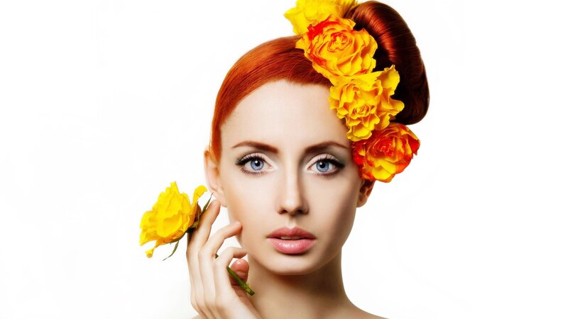 Woman with Red Hair — Yellow, Serene, Photograph
