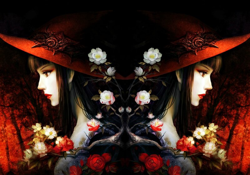 Woman with Red Hat — Dramatic, Digital Art, Flowers