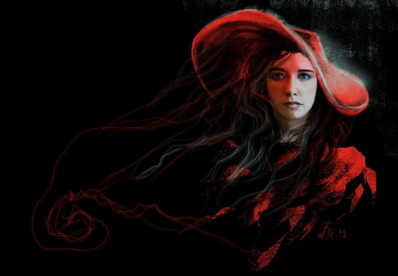 Woman with Red Hat — Dramatic, Digital Art, Hair, Dark Background