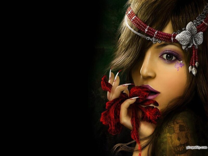 Woman with Red Headband — Dramatic, Digital Art, Flower