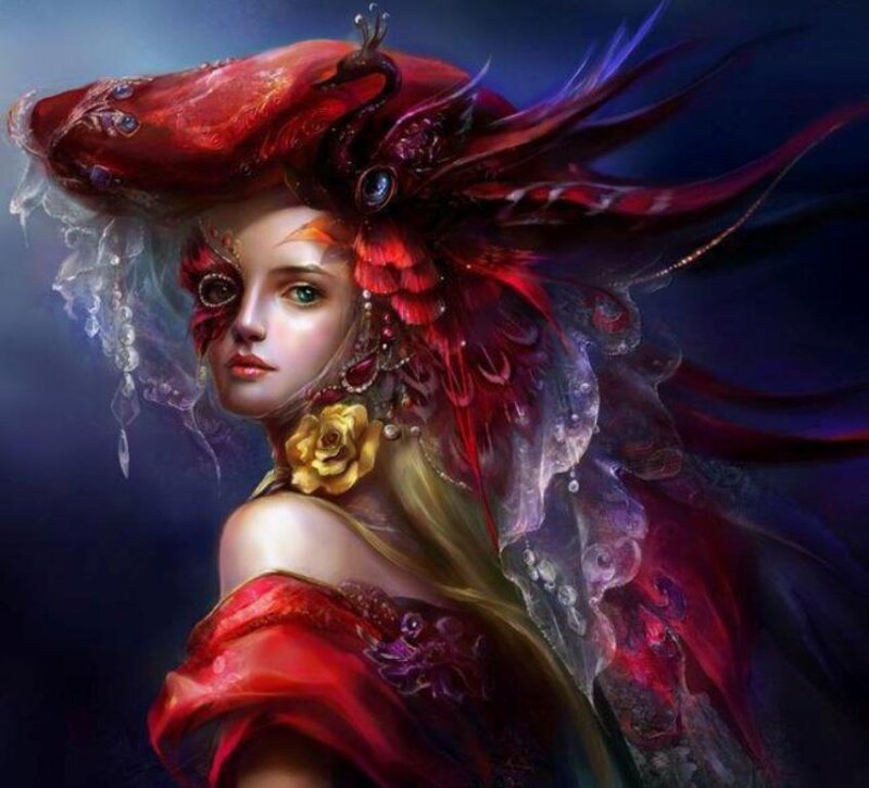 Woman with Red Headdress — Dramatic, Digital Art, Red Feathers