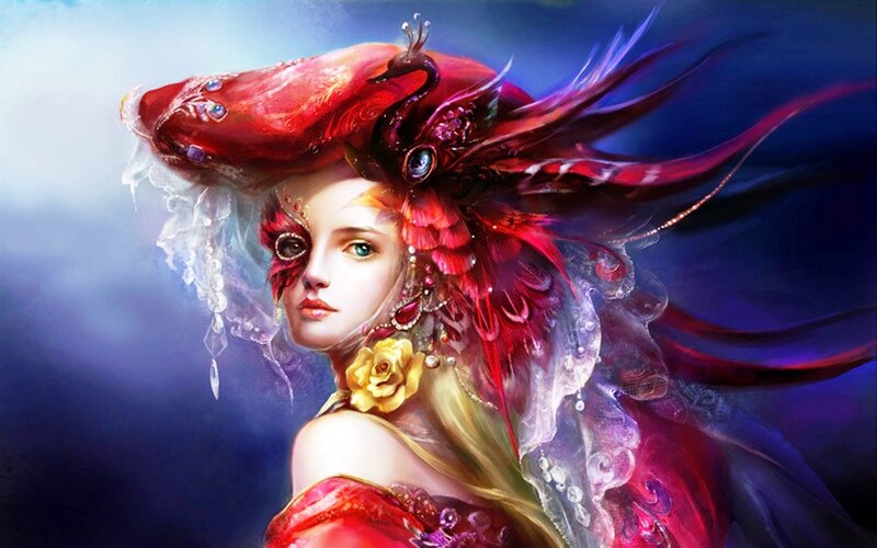 Woman with Red Headdress — Dramatic, Digital Art