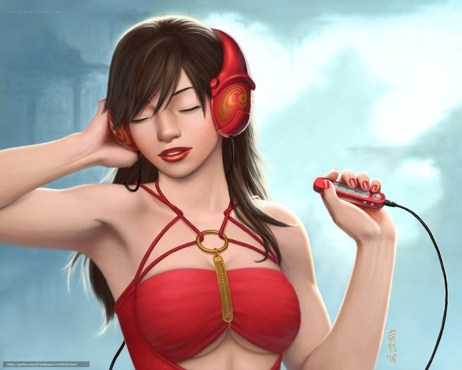 Woman with red headphones