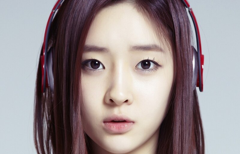woman with red headphones