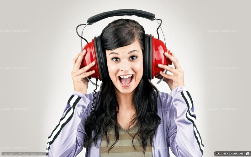 woman with red headphones