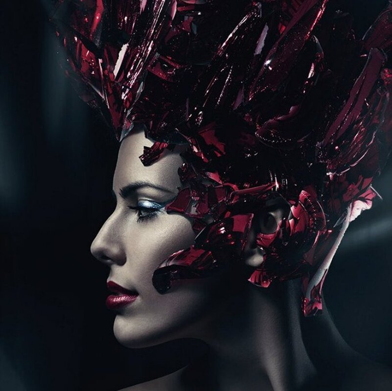 Woman with Red Headpiece — Dramatic, Photograph