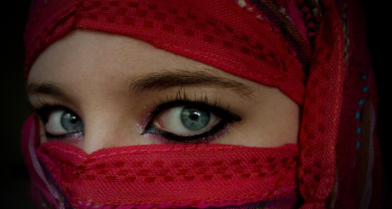 Woman with Red Headscarf — Dramatic, Photograph, Eyes, Makeup