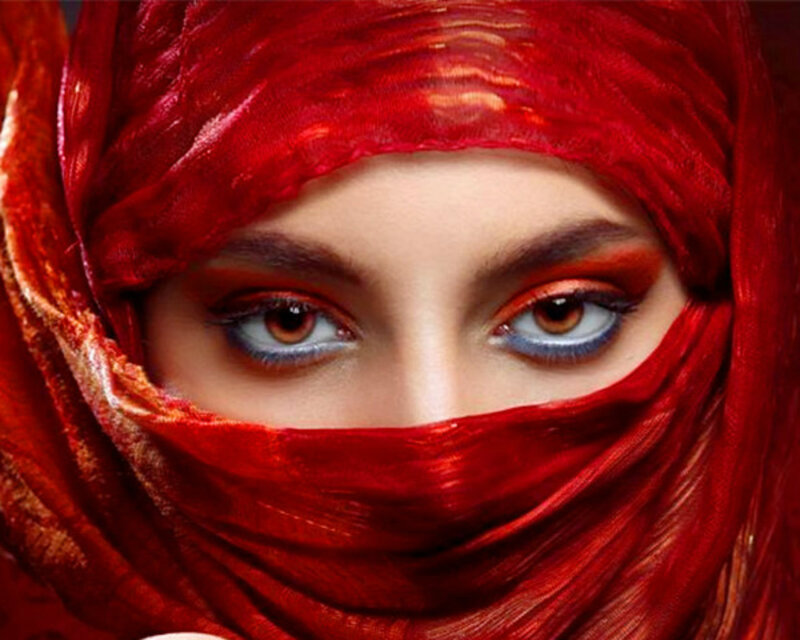 Woman with Red Headscarf — Dramatic, Photograph, Eyes
