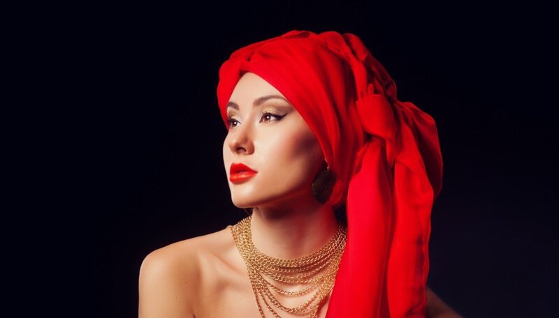 Woman with Red Headscarf — Dramatic, Photograph, Necklace