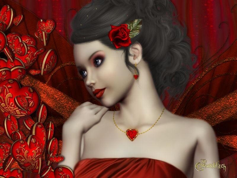 woman with red heart jewelry