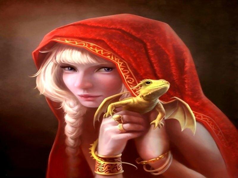woman with red hood and dragon