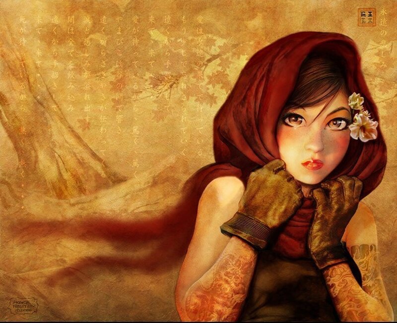 woman with red hood and tattoos