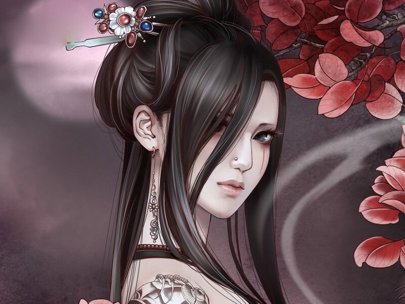 woman with red leaves