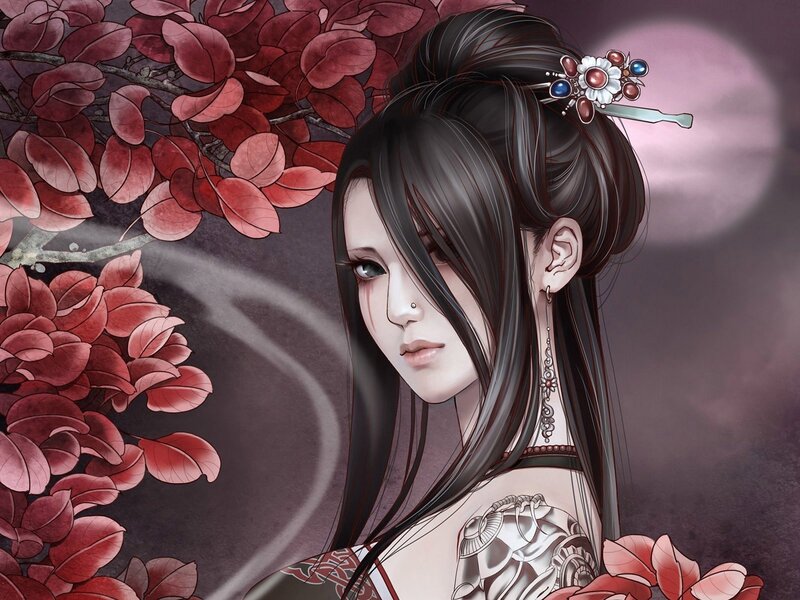woman with red leaves