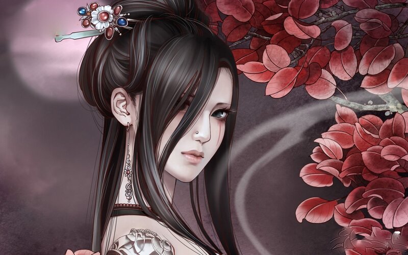woman with red leaves
