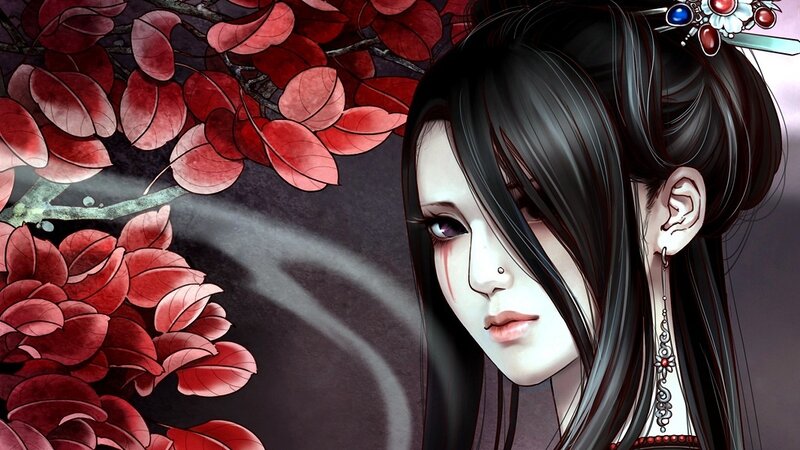 woman with red leaves
