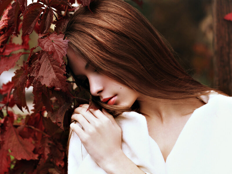 Woman with Red Leaves — Brown