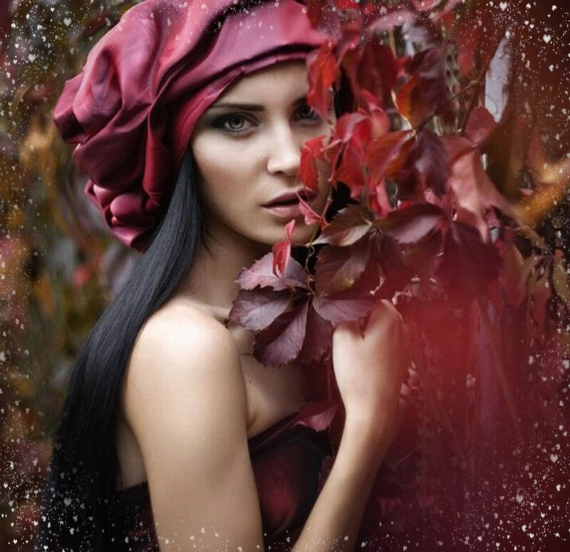 Woman with Red Leaves — Dramatic, Autumn