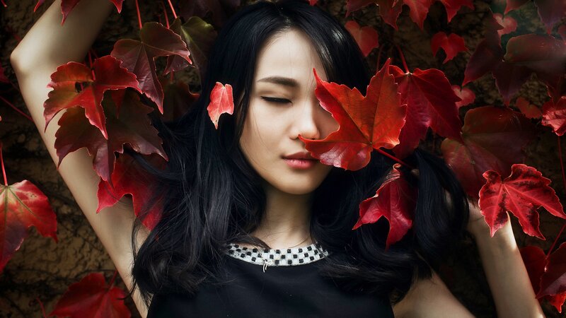 Woman with Red Leaves — Serene, Autumn, Photograph