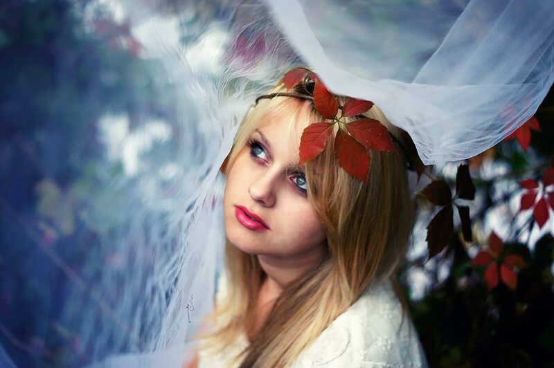 Woman with Red Leaves — White