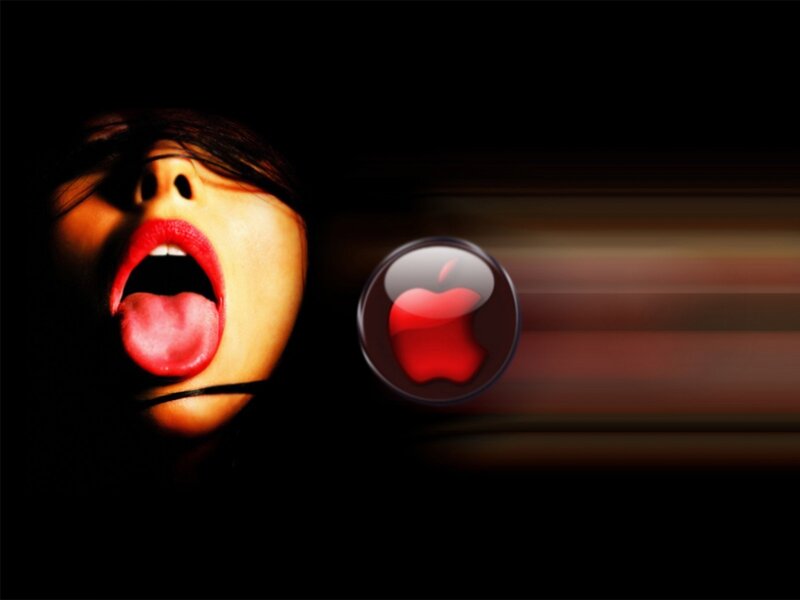 woman with red lips and apple logo