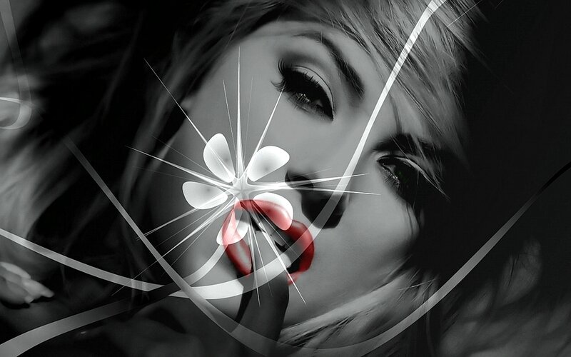 woman with red lips and flower