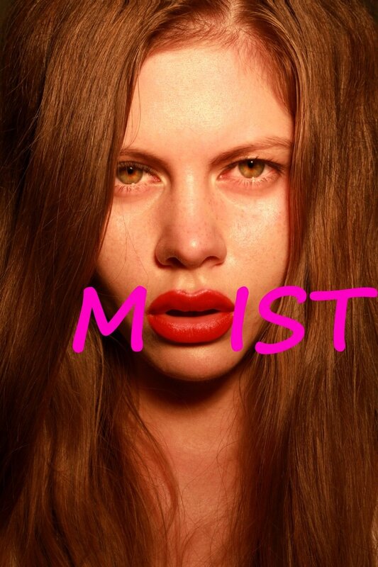 woman with red lips and pink text