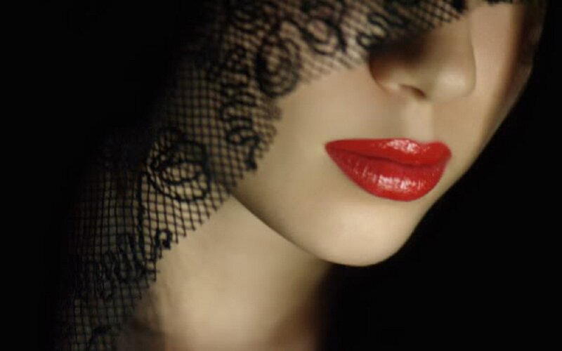 woman with red lips and veil