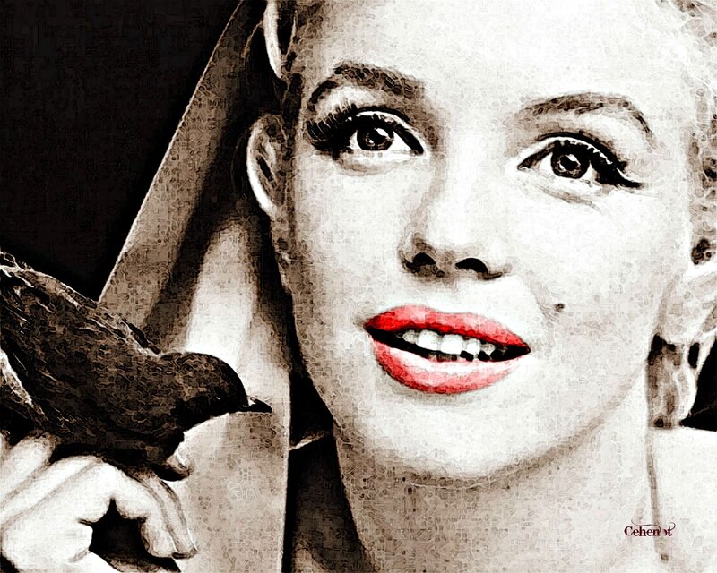 Woman with Red Lips — Black, Dramatic, Digital Art, Bird