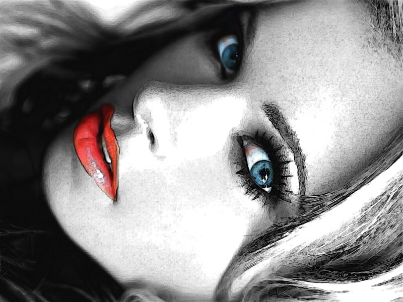 Woman with Red Lips — Black, Dramatic, Digital Art, Eyes