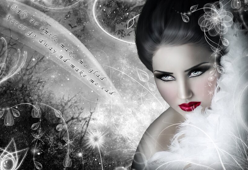 Woman with Red Lips — Black, Dramatic, Digital Art, Feathers
