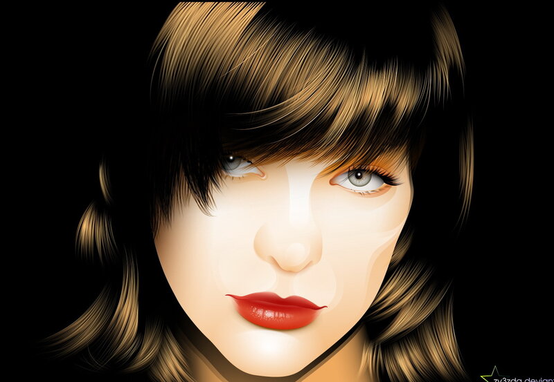 Woman with Red Lips — Black, Dramatic, Digital Art, Hair